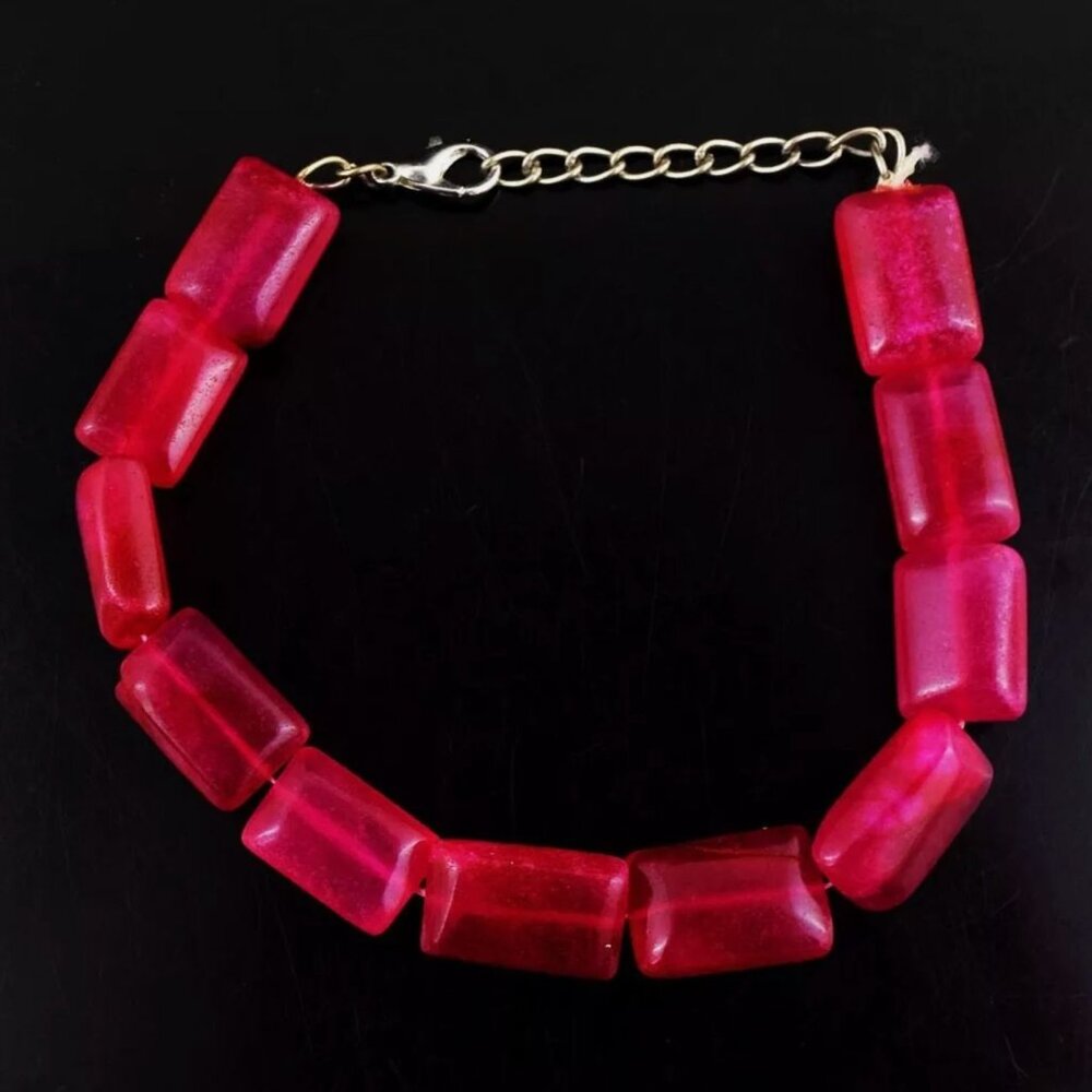 Pink Ruby Bead Bracelet Silver Tone